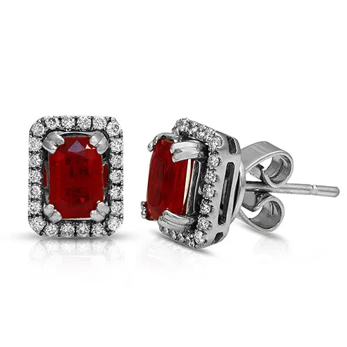 EMERALD-CUT RUBY AND DIAMOND HALO STUD JACKET EARRINGS IN 18K WHITE GOLD
