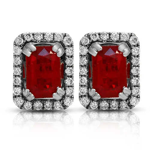 EMERALD-CUT RUBY AND DIAMOND HALO STUD JACKET EARRINGS IN 18K WHITE GOLD