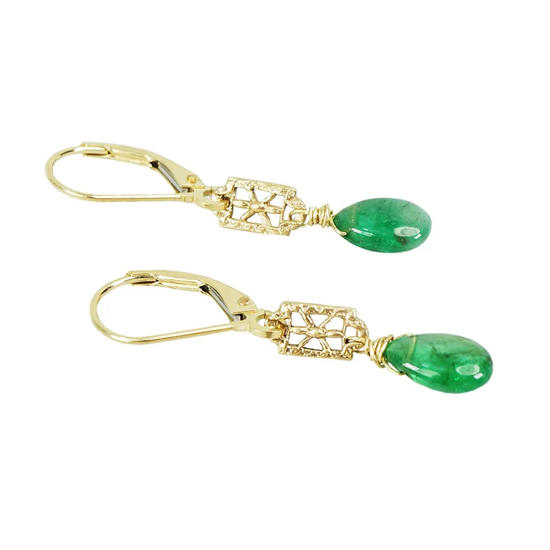 Emerald Drop Earrings in Yellow Gold Filigree by brunet