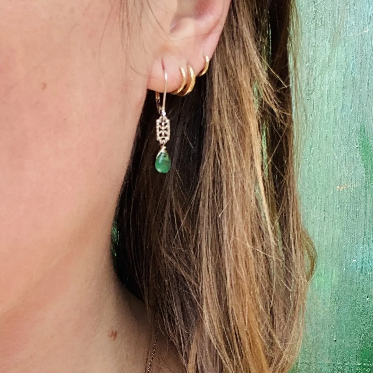 Emerald Drop Earrings in Yellow Gold Filigree by brunet