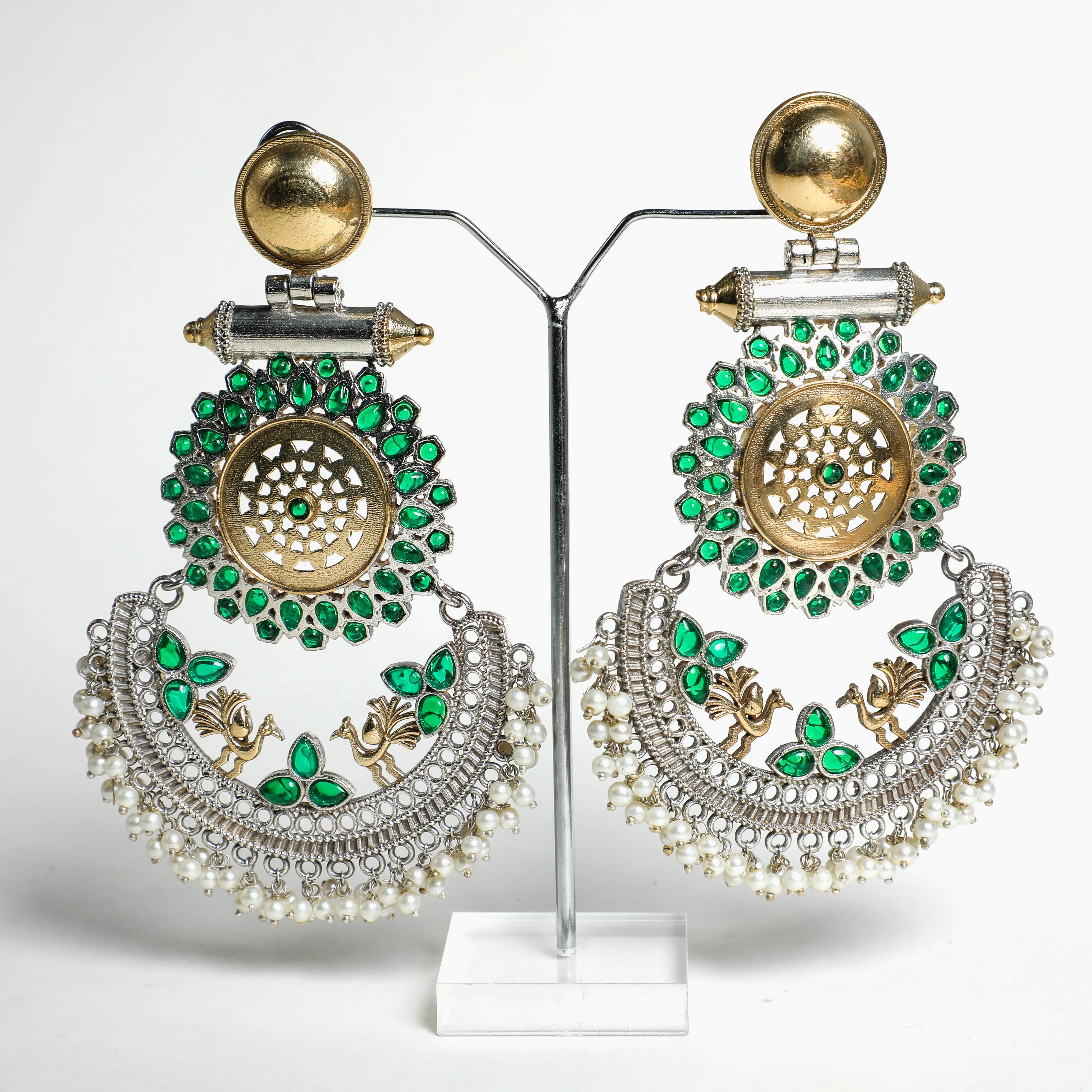 Emerald Glow Oxidized Brass Earrings