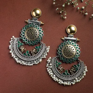 Emerald Glow Oxidized Brass Earrings