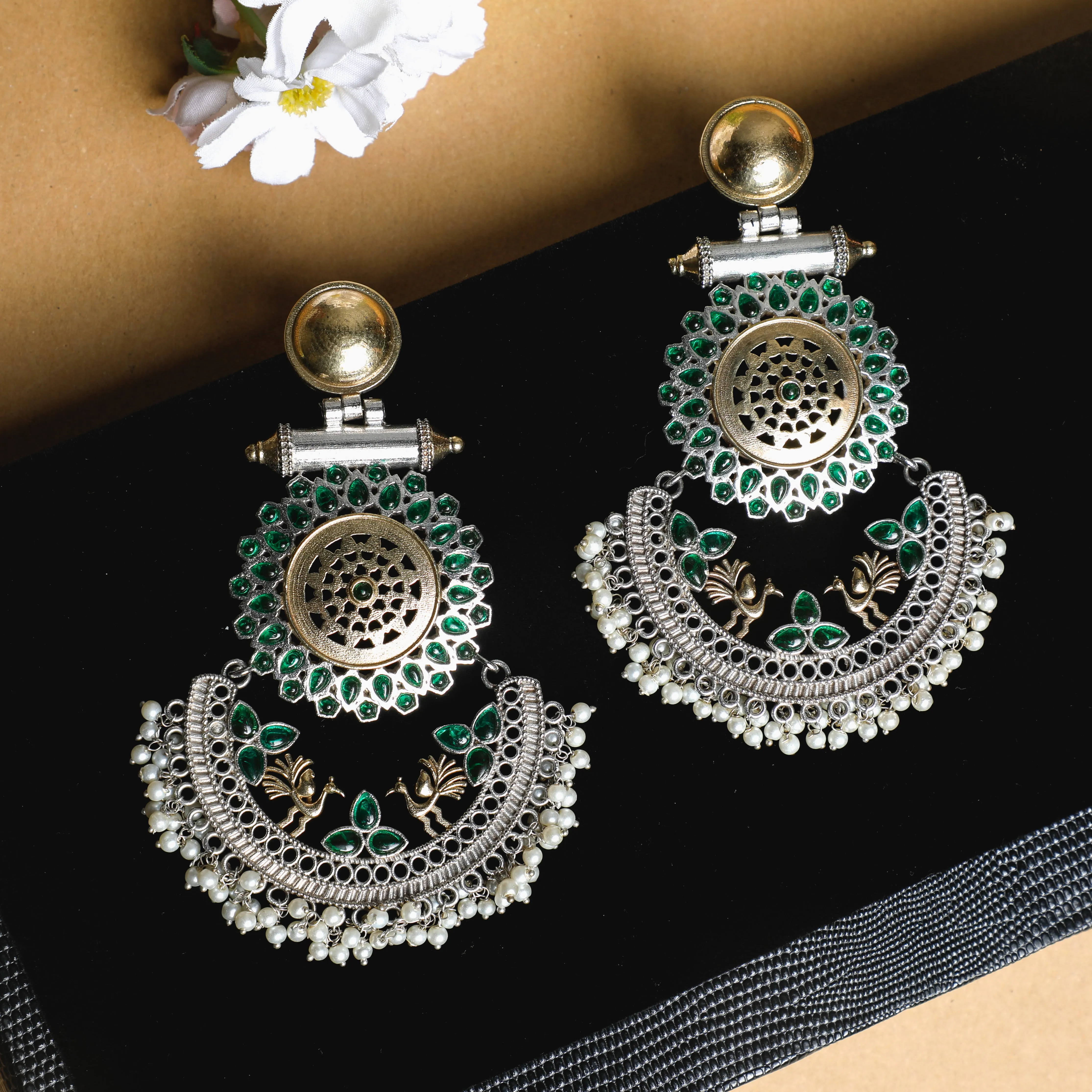 Emerald Glow Oxidized Brass Earrings