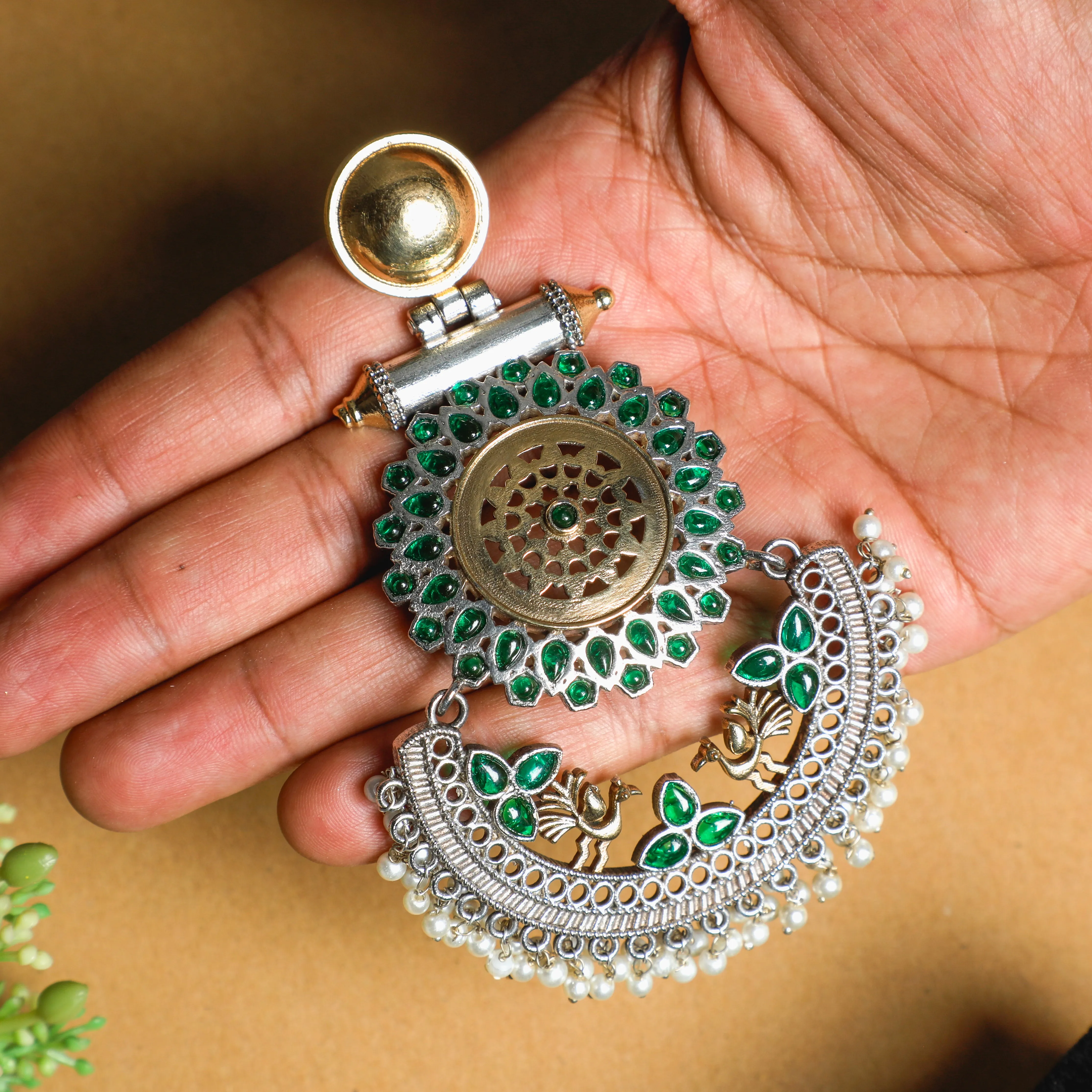 Emerald Glow Oxidized Brass Earrings