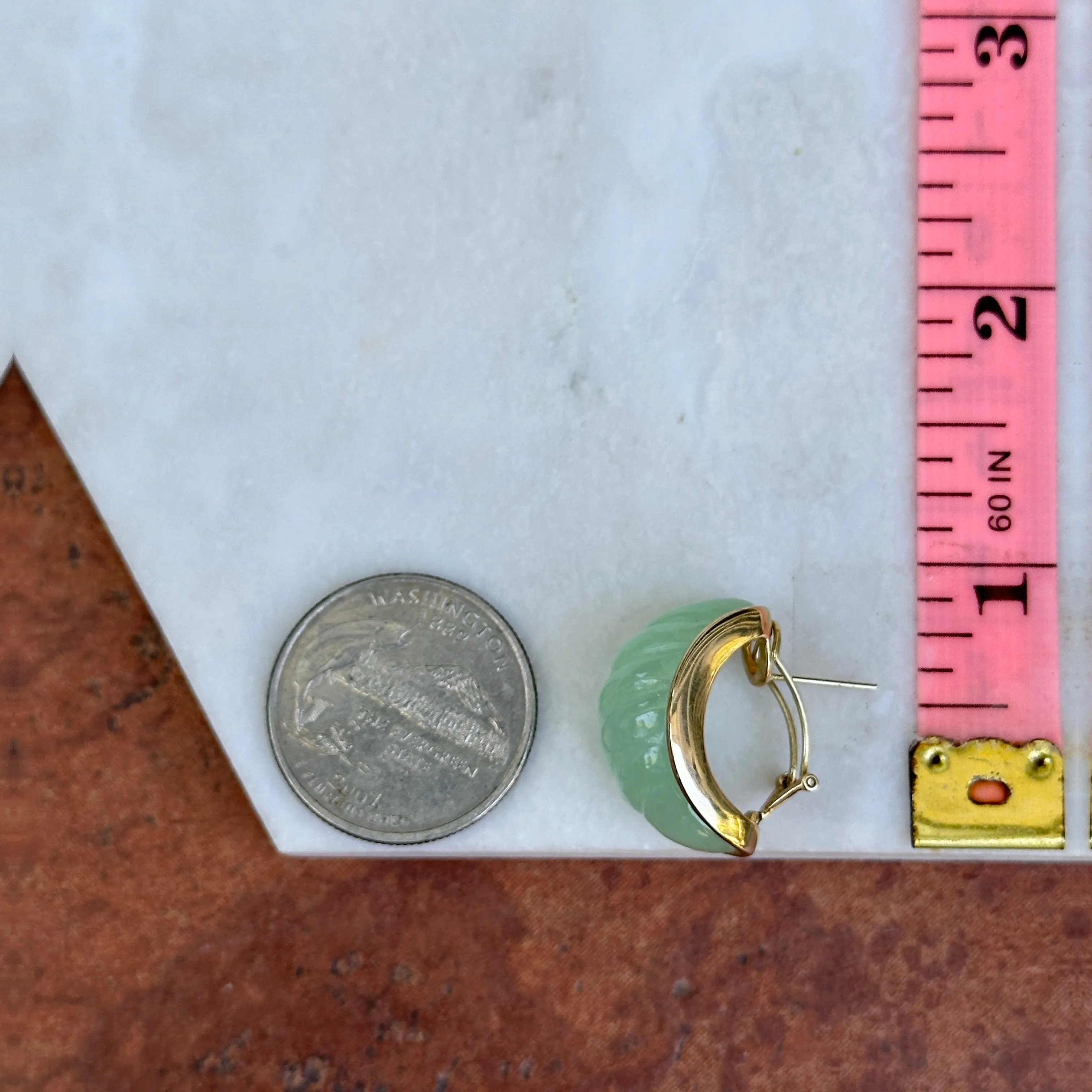 Estate 14KT Yellow Gold Jade Oval Ribbed Half-Hoop Omega Back Earrings
