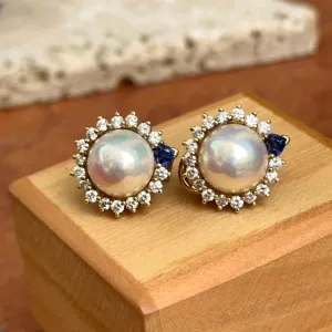 Estate 18KT Yellow Gold Mabe Pearl   Diamond Sapphire Halo Omega Earrings