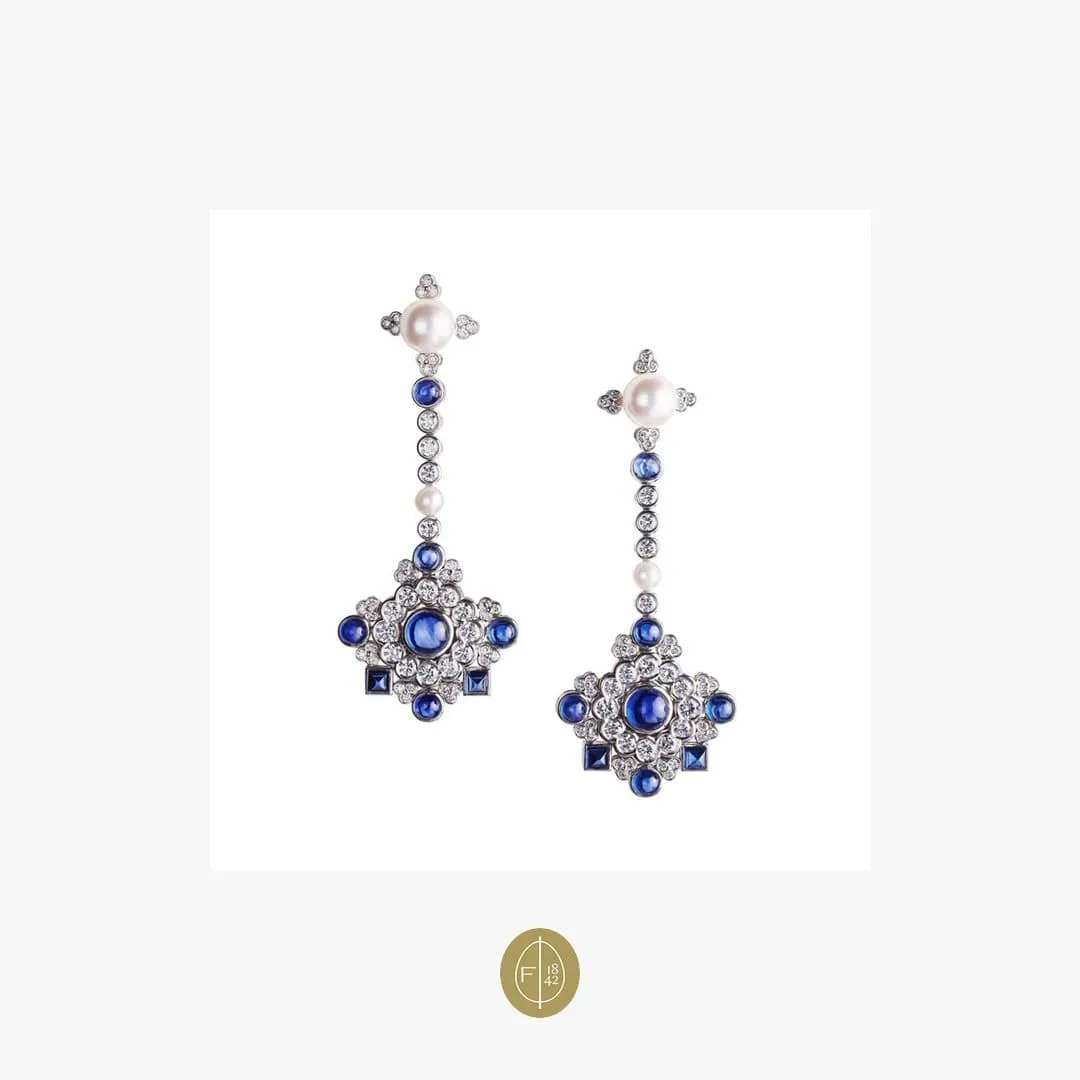 Fabergé Dentelle de Perles White Diamonds & Cabochon Blue Sapphire Stud Earrings