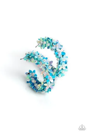 Fairy Fantasia - Blue - Pearl Center Sequin Flower Paparazzi Hoop Earrings