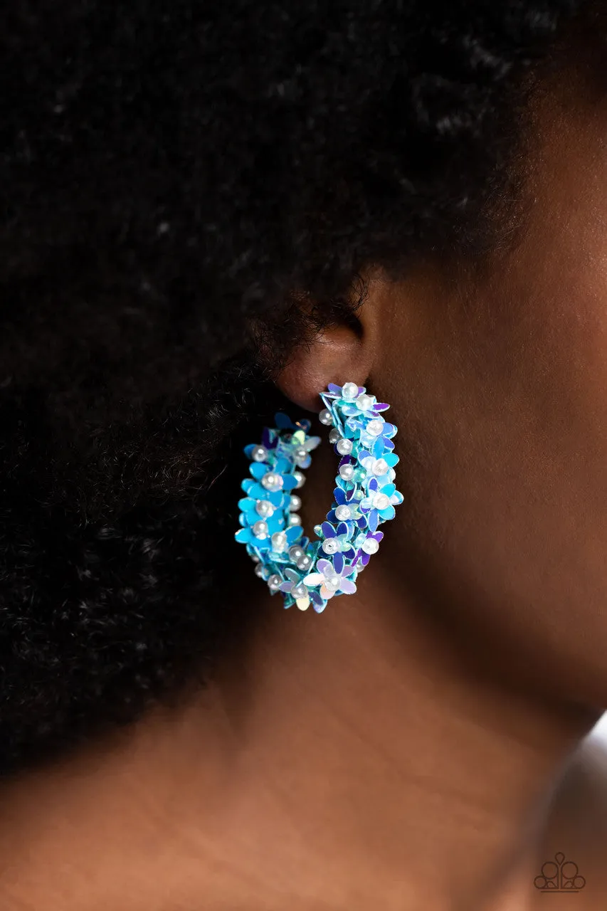 Fairy Fantasia - Blue - Pearl Center Sequin Flower Paparazzi Hoop Earrings