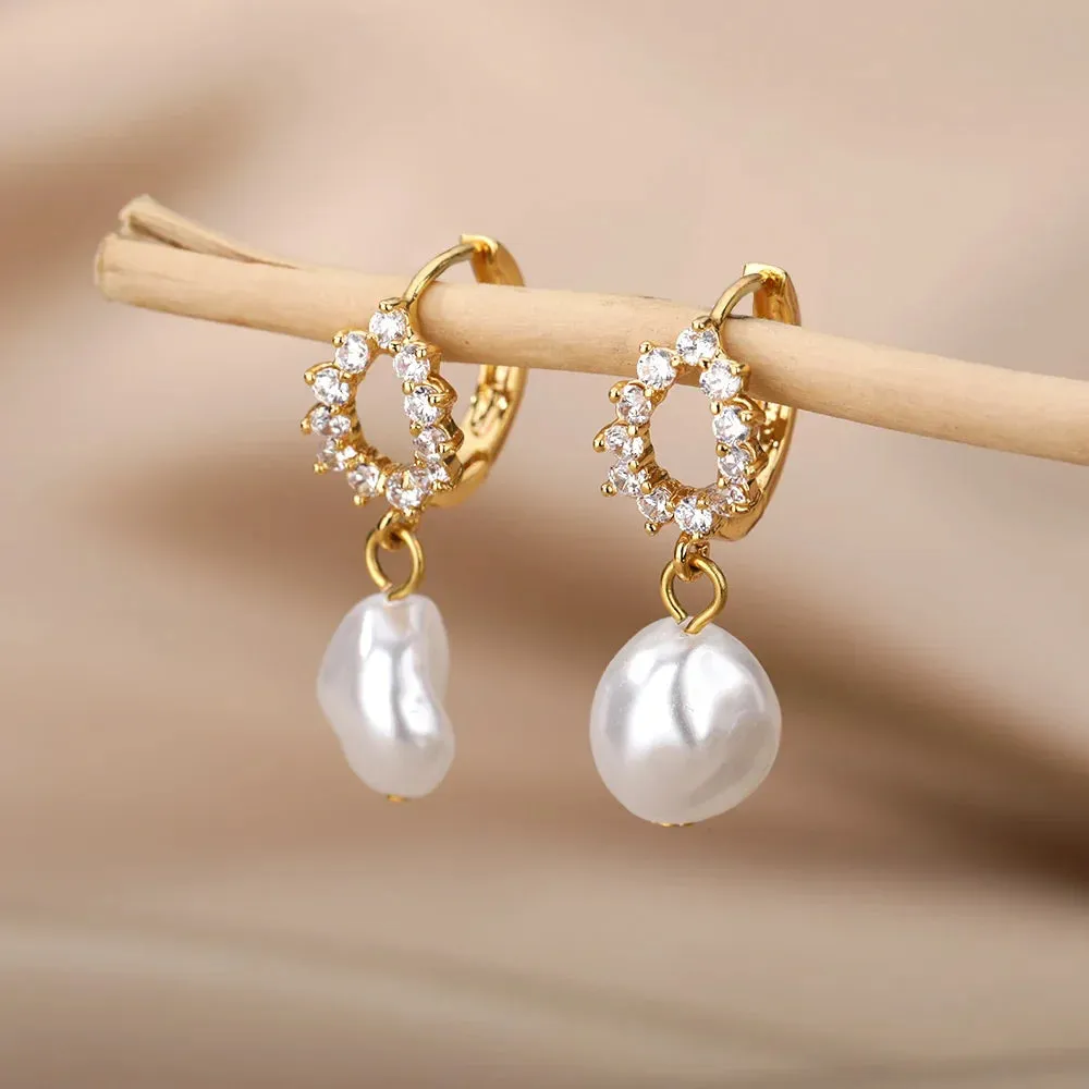 Fashion Circle Imitation Pearl Drop Earrings for Women Gold Color Stainless Steel Round Geometric Hoop Earring Wedding Jewelry