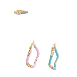 FEMININE WAVES PAVE HOOP EAR SET WITH ENAMEL