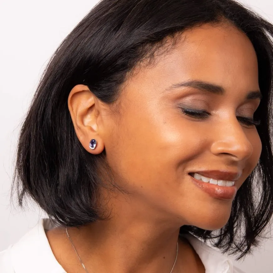 FIORELLI silver Oval Tanzanite Crystal Stud Earrings With Cubic Zirconia Wave 36781