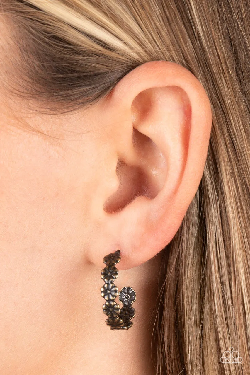 Floral Fad - Brass - Tiny Flower Paparazzi Hoop Earrings
