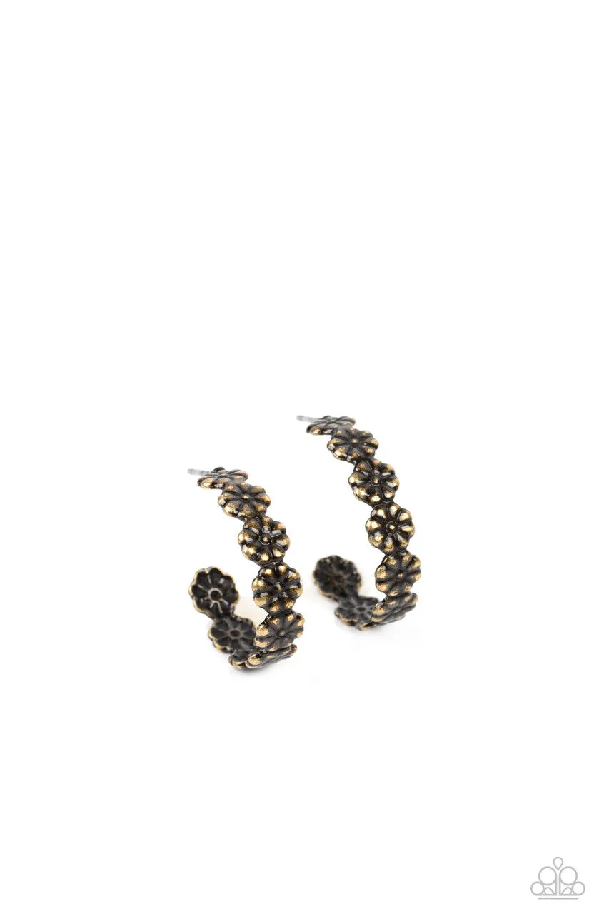 Floral Fad - Brass - Tiny Flower Paparazzi Hoop Earrings