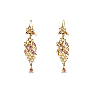 Floral Ruby And Seed Pearl Dangle Earring In 14K Yellow Gold
