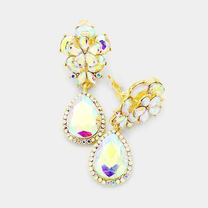 Flower Abalone Crystal Teardrop Dangle Clip on Earrings