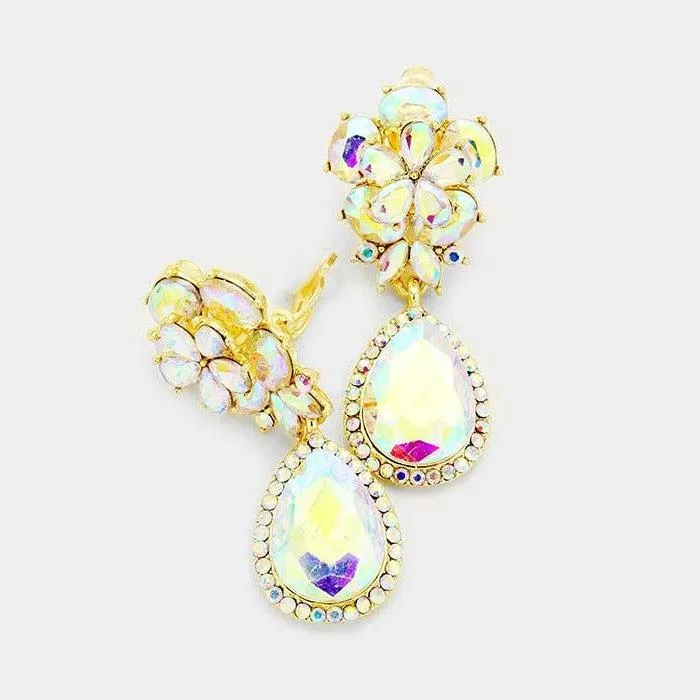 Flower Abalone Crystal Teardrop Dangle Clip on Earrings