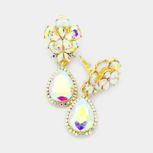 Flower Abalone Crystal Teardrop Dangle Clip on Earrings