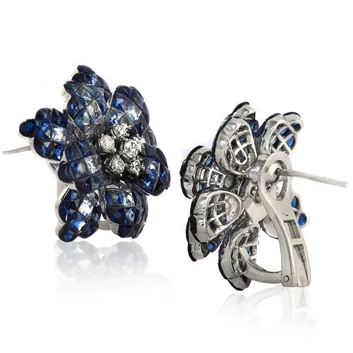 Flower Design Blue Sapphire And Diamond Earrings, 18k White Gold