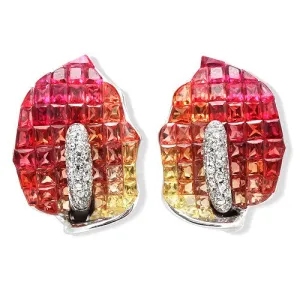 Flower Design Earrings with Orange Sapphires and Diamonds in 18k White Gold Setting