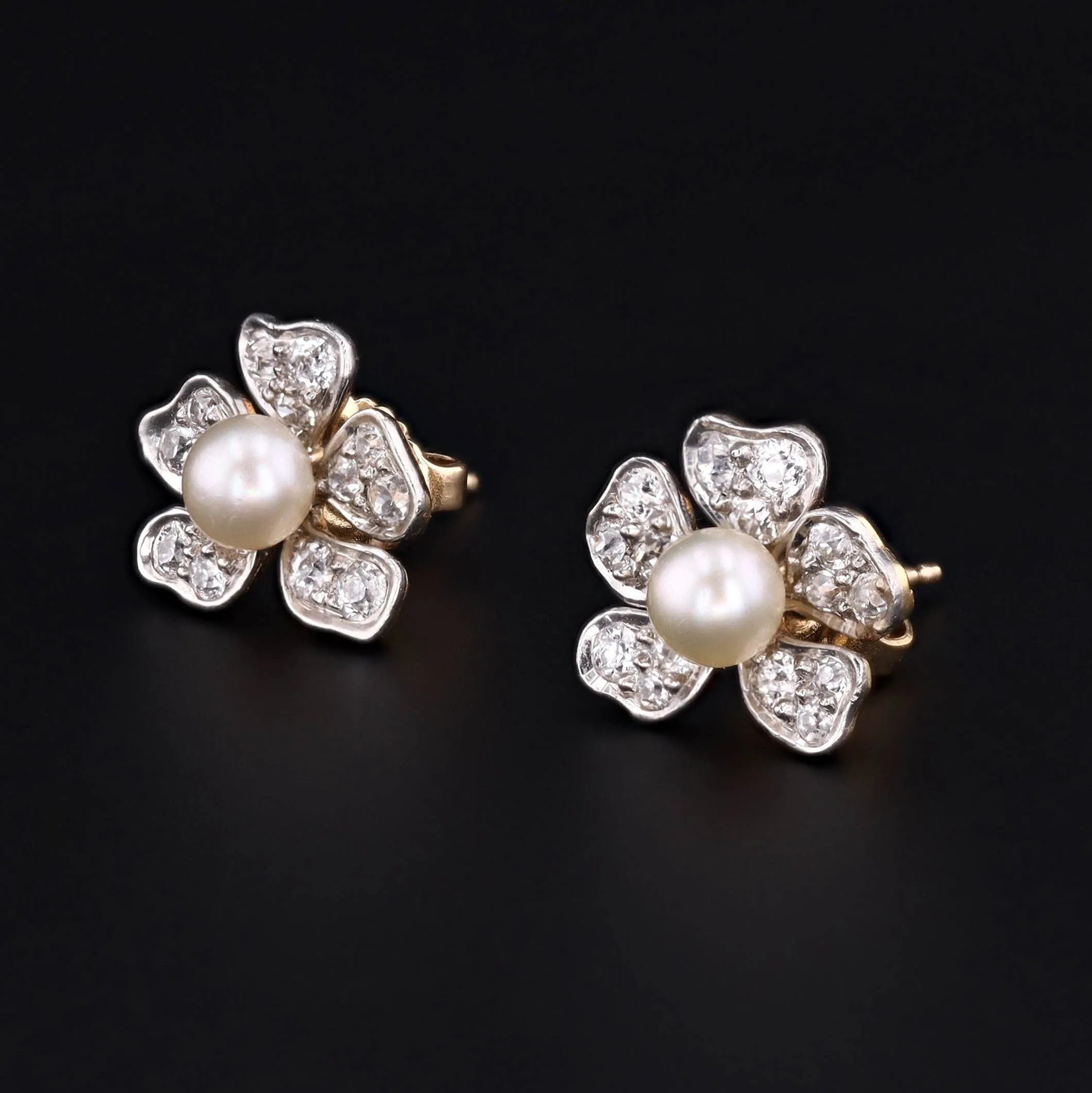 Flower Earrings | 14k Gold, Platinum, Diamond & Pearl Earrings