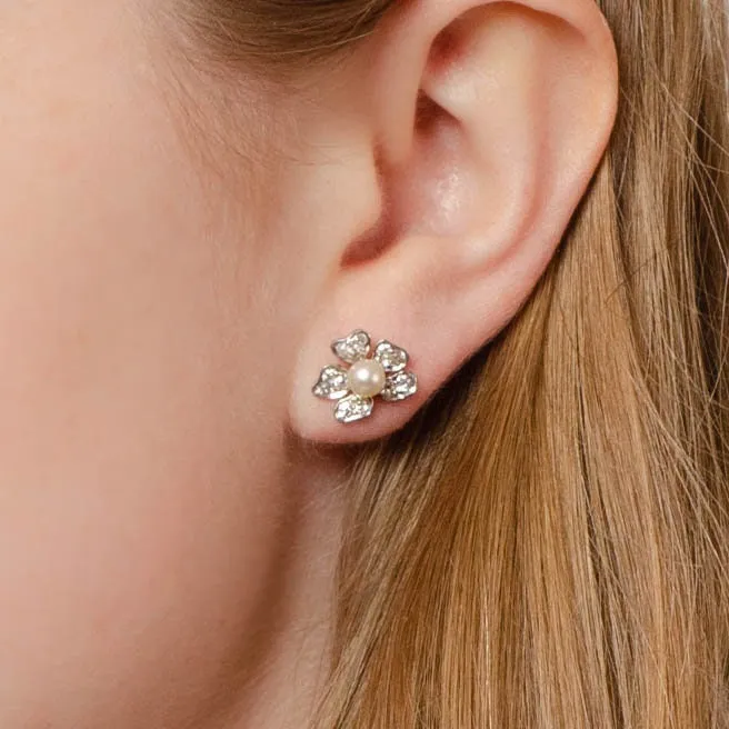 Flower Earrings | 14k Gold, Platinum, Diamond & Pearl Earrings