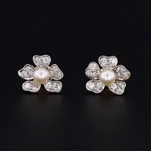 Flower Earrings | 14k Gold, Platinum, Diamond & Pearl Earrings