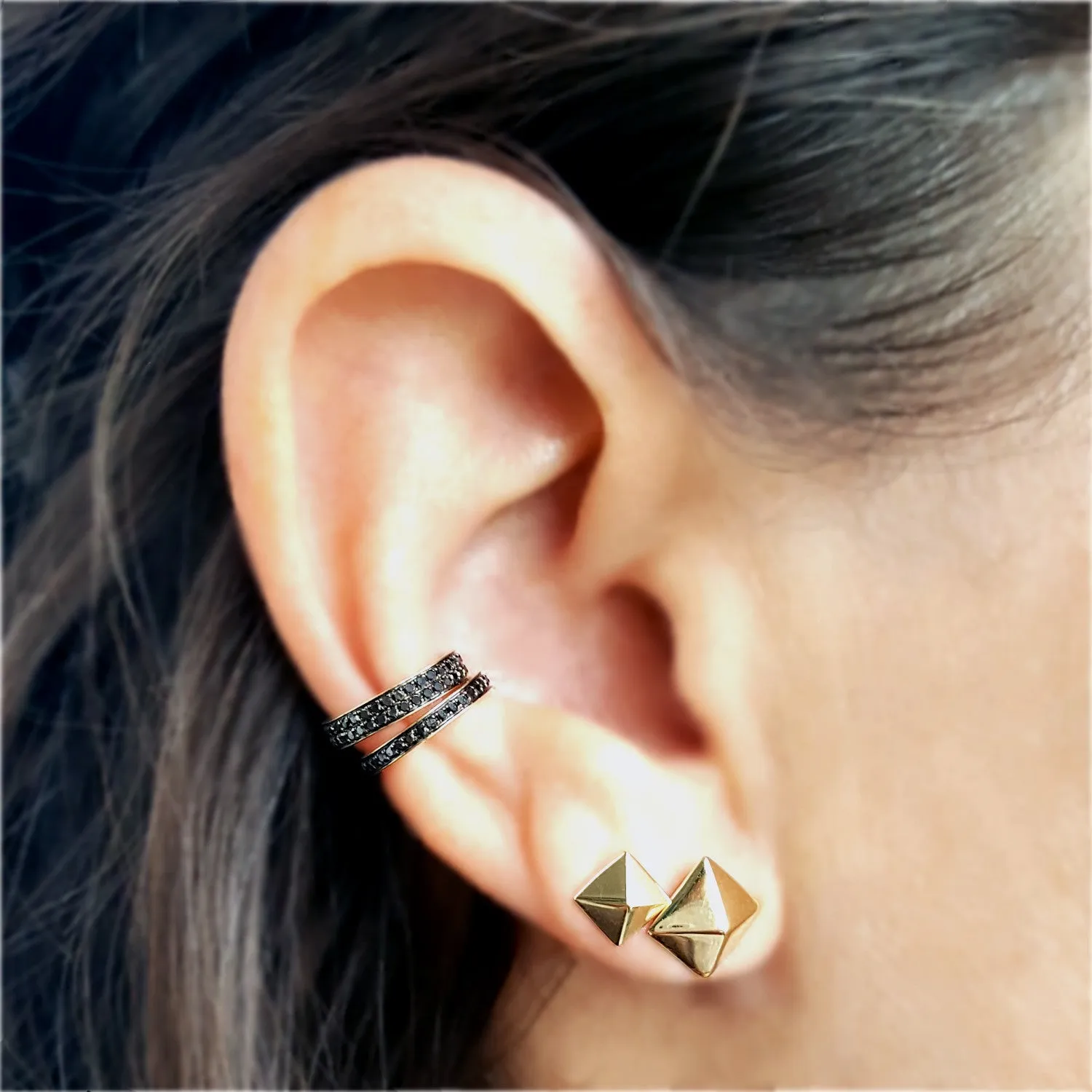 Full Double Row Black Diamond & Gold Ear Cuff