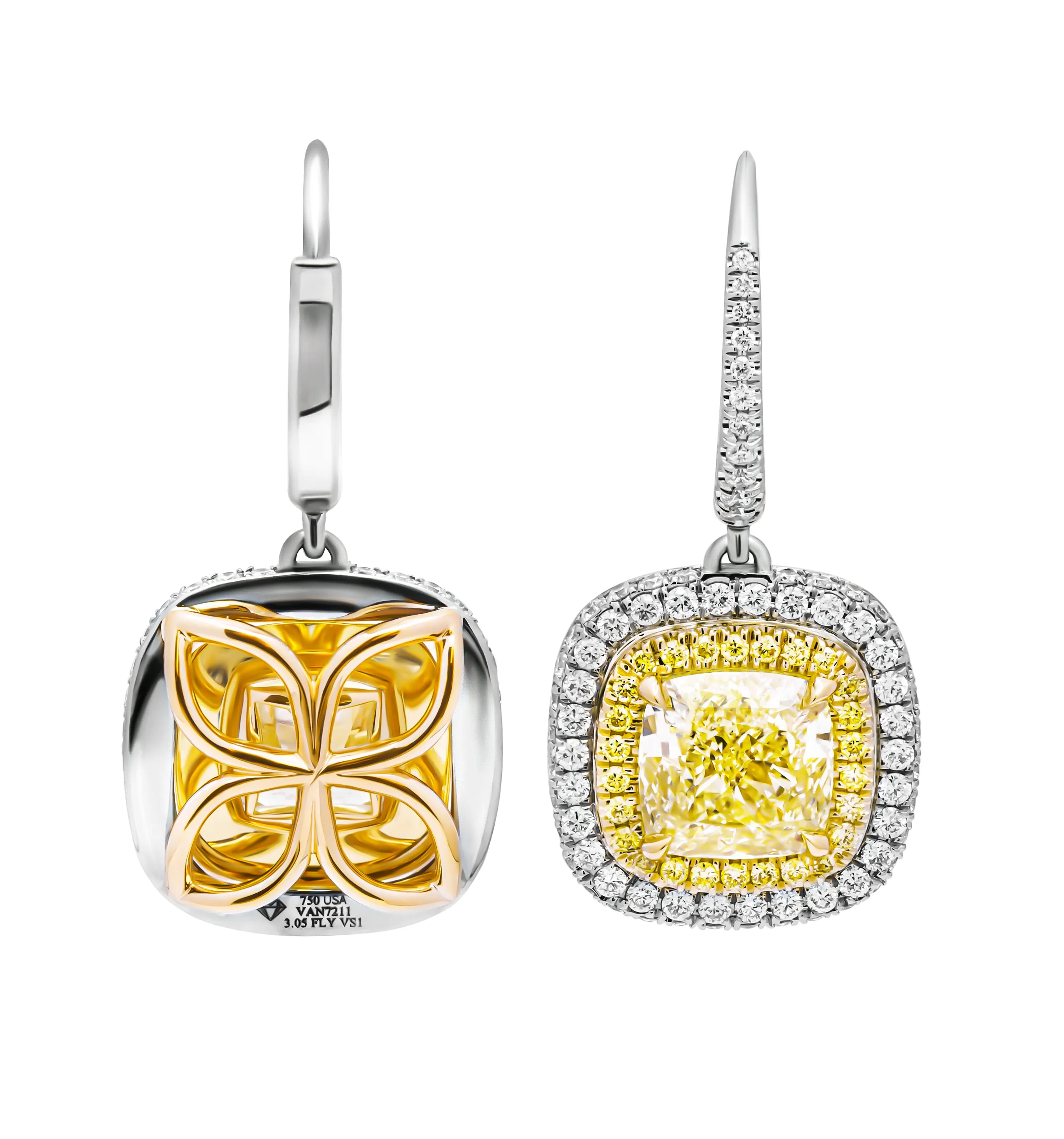 GIA Certified Earrings with 3 carat each Fancy Light Yellow Cushion Cut Diamonds