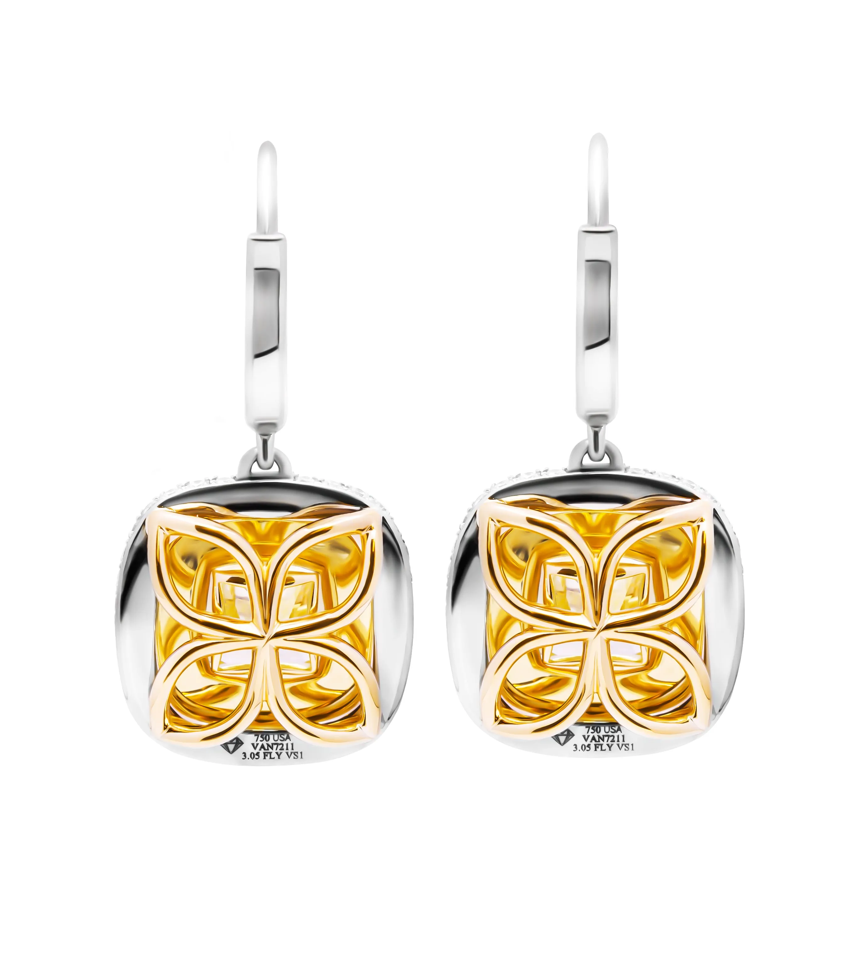GIA Certified Earrings with 3 carat each Fancy Light Yellow Cushion Cut Diamonds