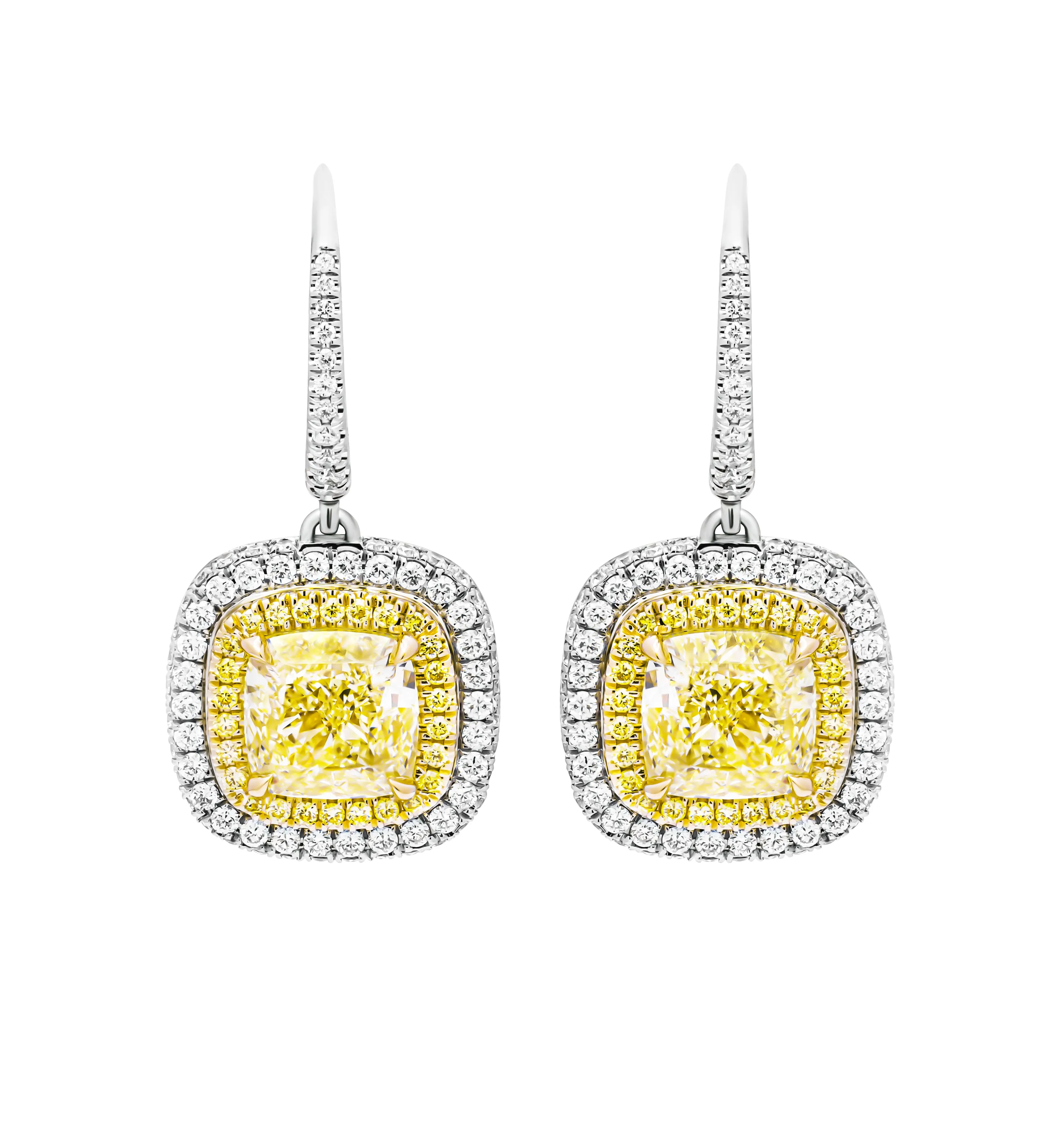 GIA Certified Earrings with 3 carat each Fancy Light Yellow Cushion Cut Diamonds