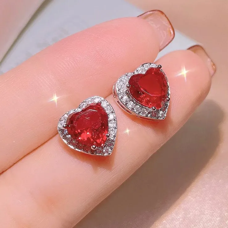 Gift for Girlfriend | Womens Jewellery Set | Heart Necklace | Heart Pendant | Heart Earrings | Heart Ring | Red Diamond Heart Ring
