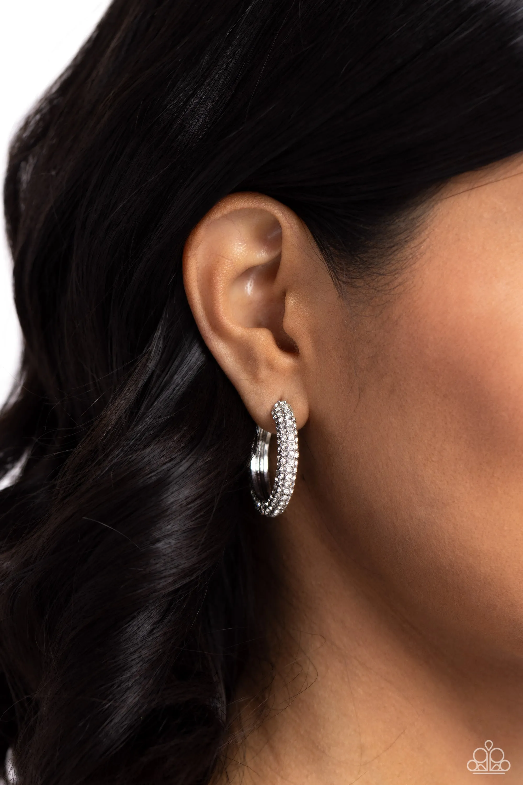 Glowing Praise - White - Rhinestone Encrusted Paparazzi Hinge Hoop Earrings