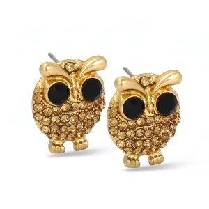 GOLD BLACK AND WHITE CRYSTAL OWL STUD EARRING #SWKK-3371GLD (GF16)
