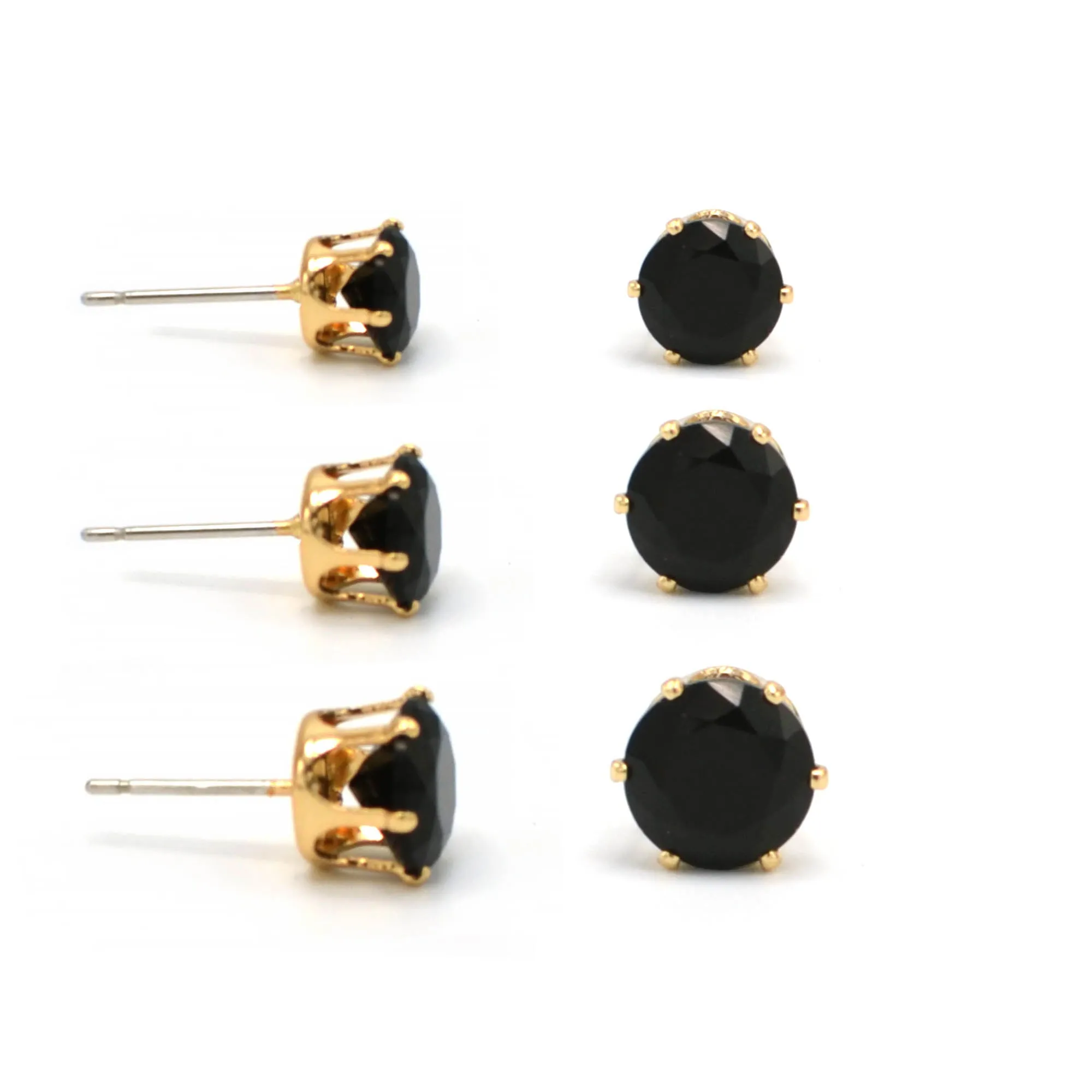 GOLD BLACK CRYSTAL 3 PAIR SET GRADUATED STUD EARRINGS #HNE86567GDBK (SF6)