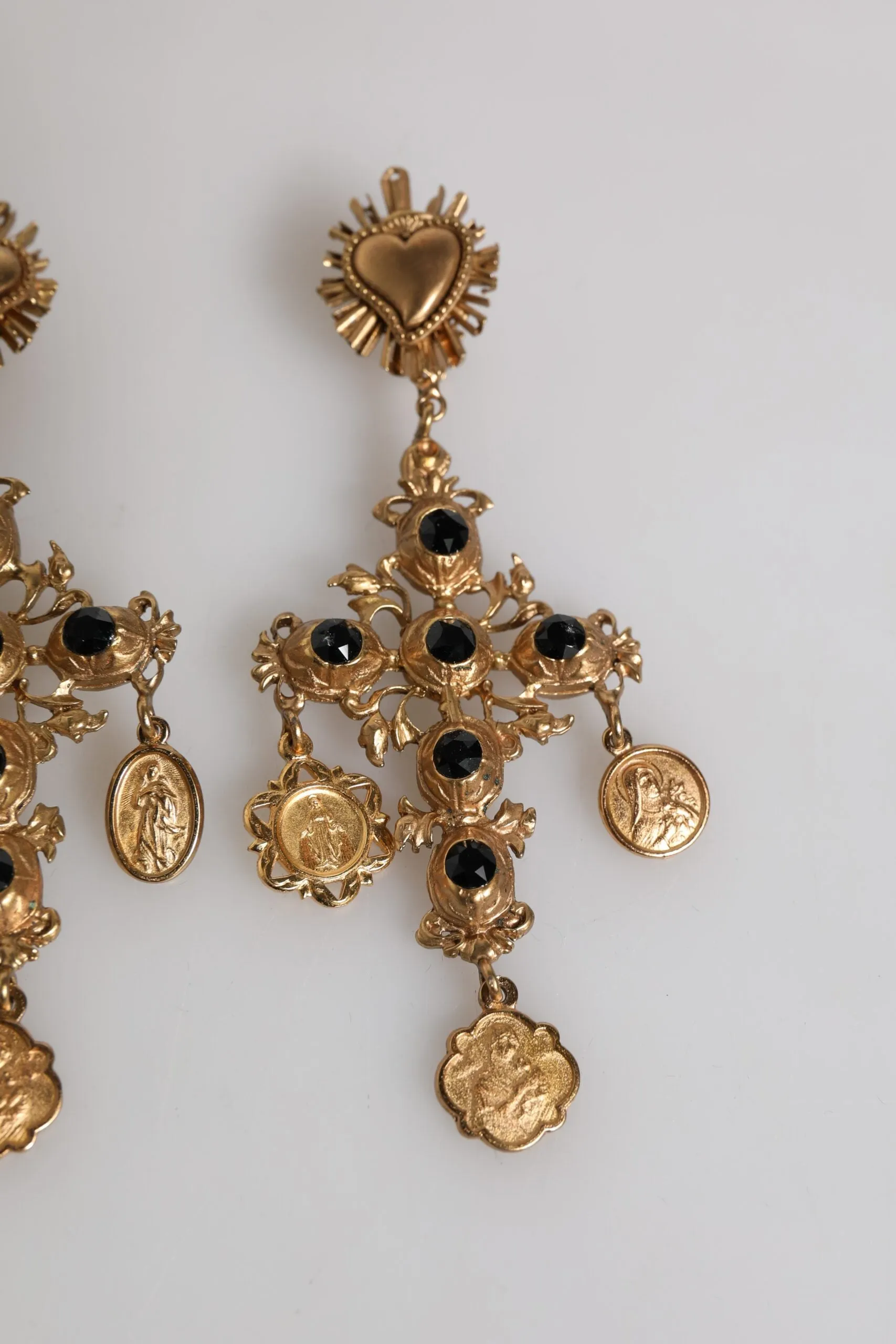 Gold Black Crystal Cross Sacred Heart Dangling Earrings