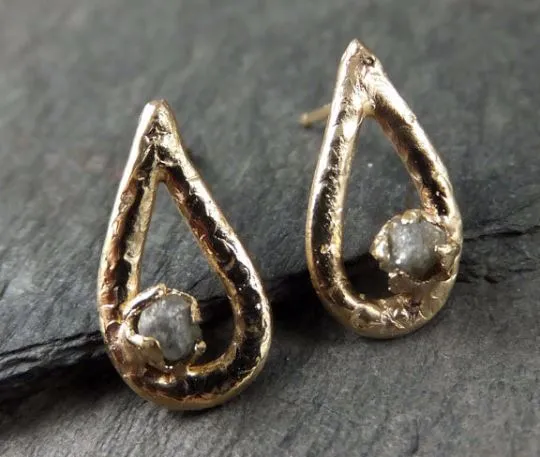 gold diamond droplet stud earrings raw diamond post earrings teardrop 14k rough diamonds byangeline earrings Alternative Engagement