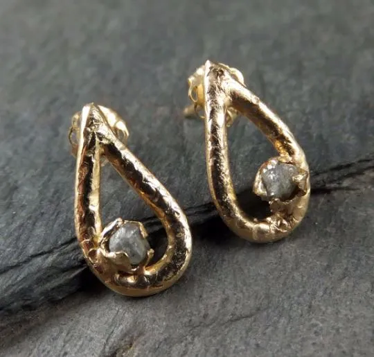 gold diamond droplet stud earrings raw diamond post earrings teardrop 14k rough diamonds byangeline earrings Alternative Engagement