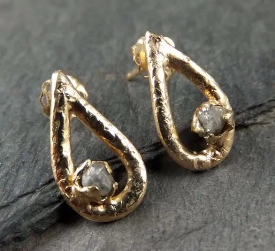 gold diamond droplet stud earrings raw diamond post earrings teardrop 14k rough diamonds byangeline earrings Alternative Engagement