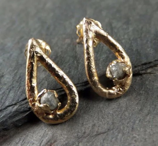 gold diamond droplet stud earrings raw diamond post earrings teardrop 14k rough diamonds byangeline earrings Alternative Engagement