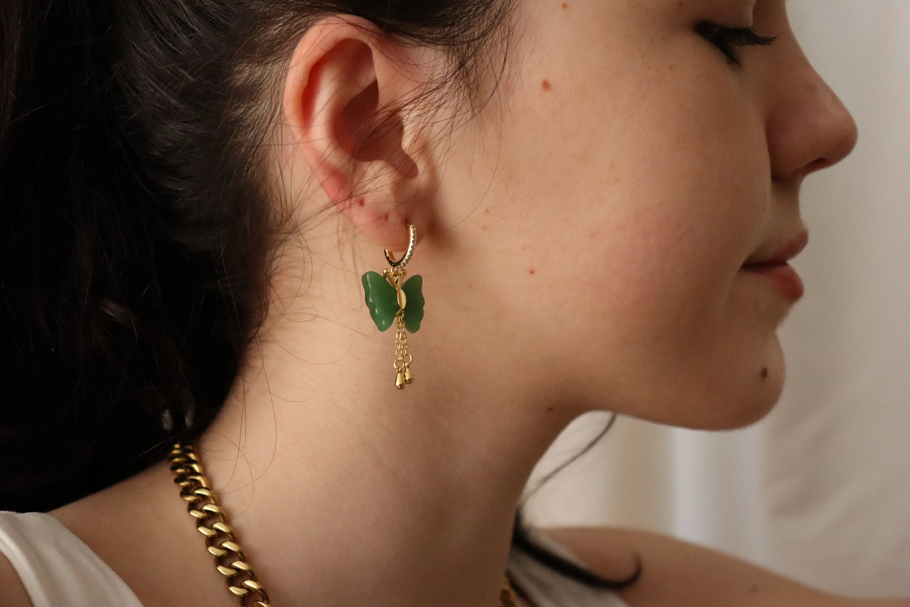 Gold  Filled Butterfly Jade Earrings, WATERPROOF Jade Necklace, Gifts for Her.