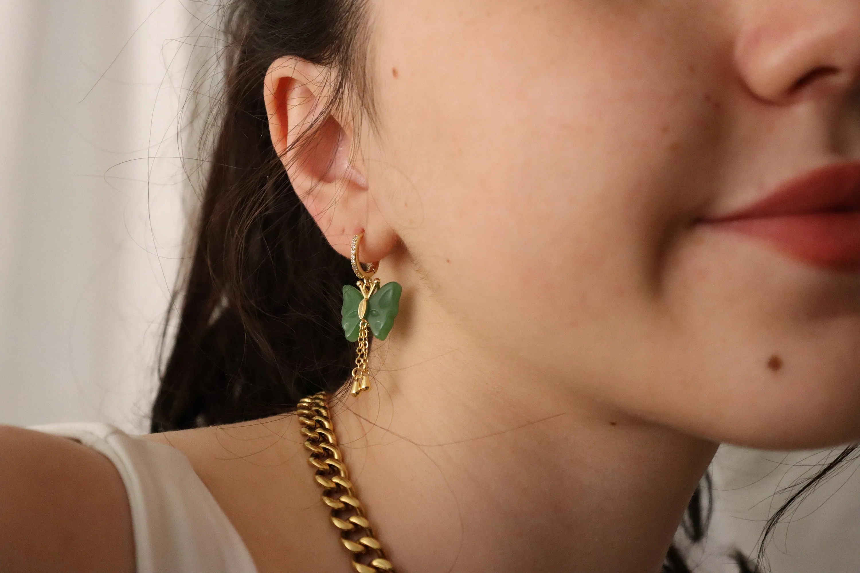 Gold  Filled Butterfly Jade Earrings, WATERPROOF Jade Necklace, Gifts for Her.