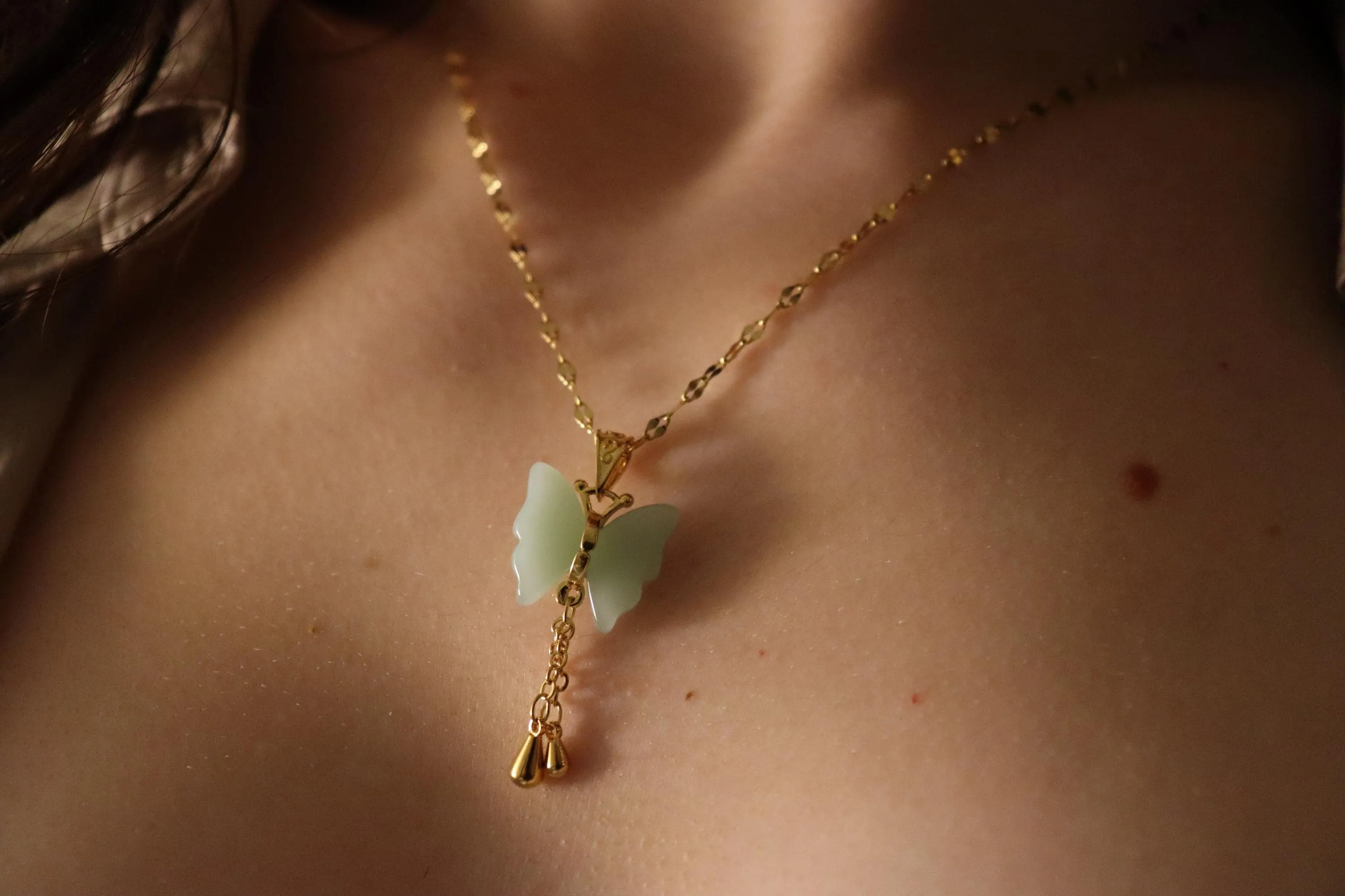 Gold  Filled Butterfly Jade Earrings, WATERPROOF Jade Necklace, Gifts for Her.