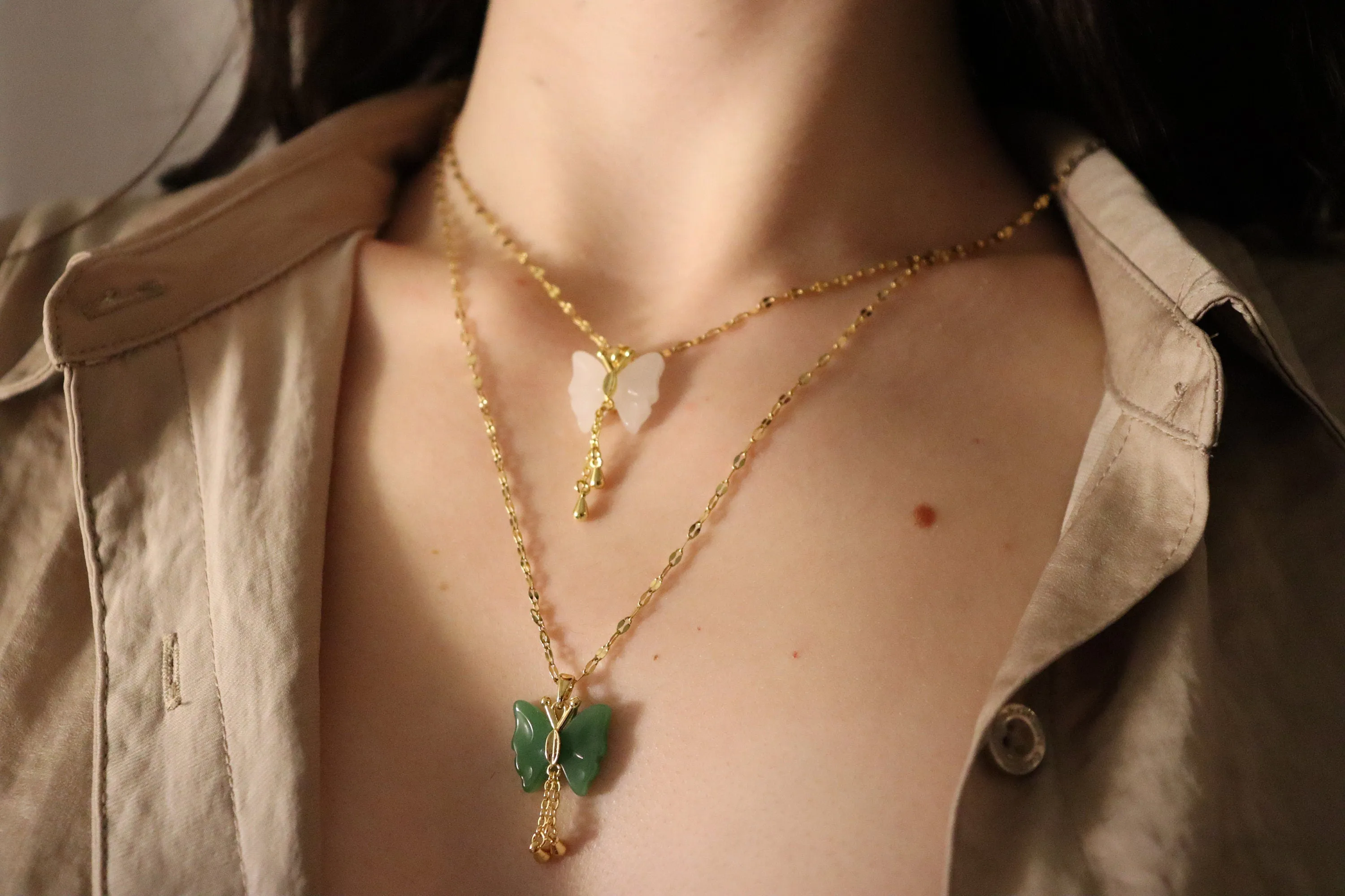 Gold  Filled Butterfly Jade Earrings, WATERPROOF Jade Necklace, Gifts for Her.