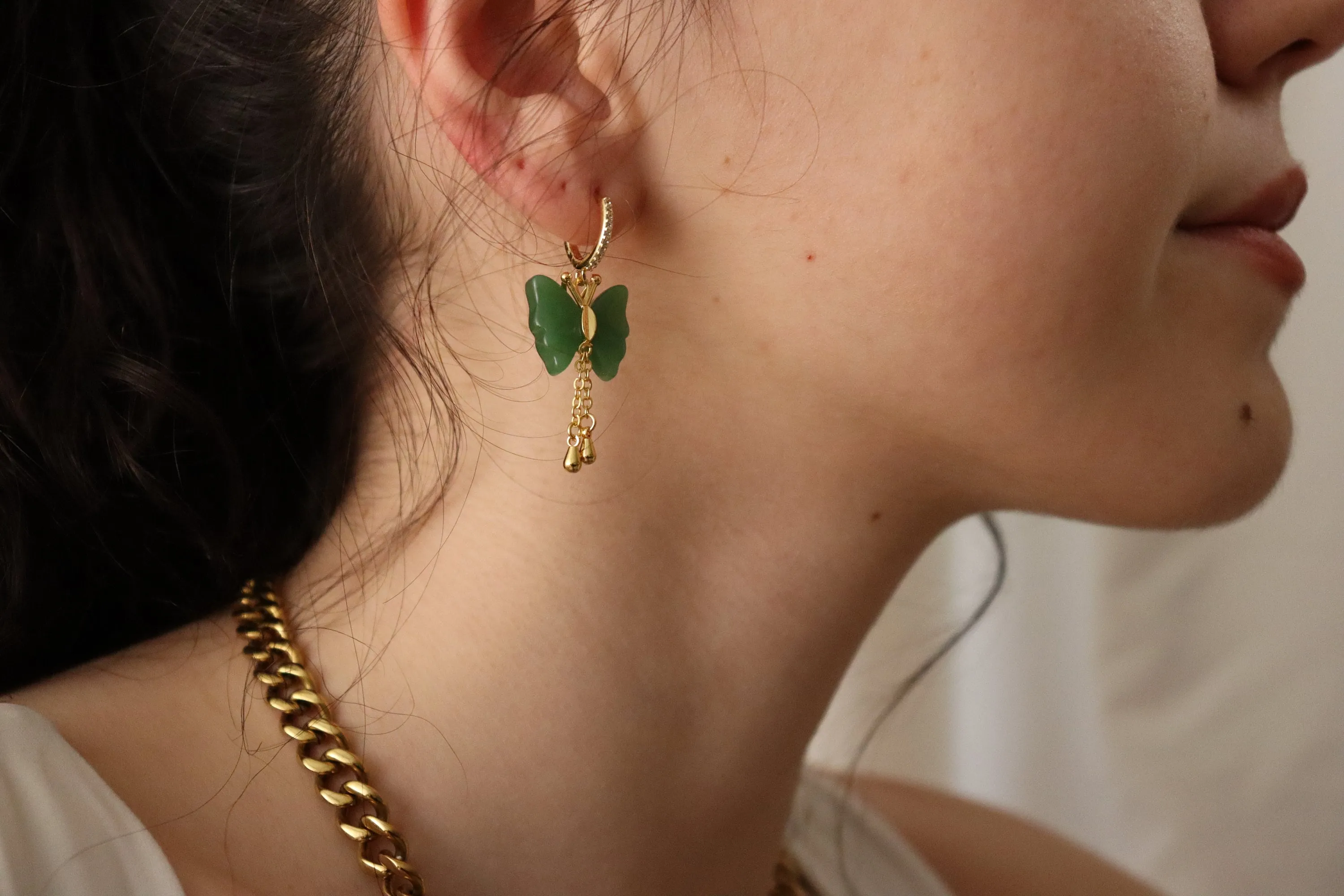 Gold  Filled Butterfly Jade Earrings, WATERPROOF Jade Necklace, Gifts for Her.