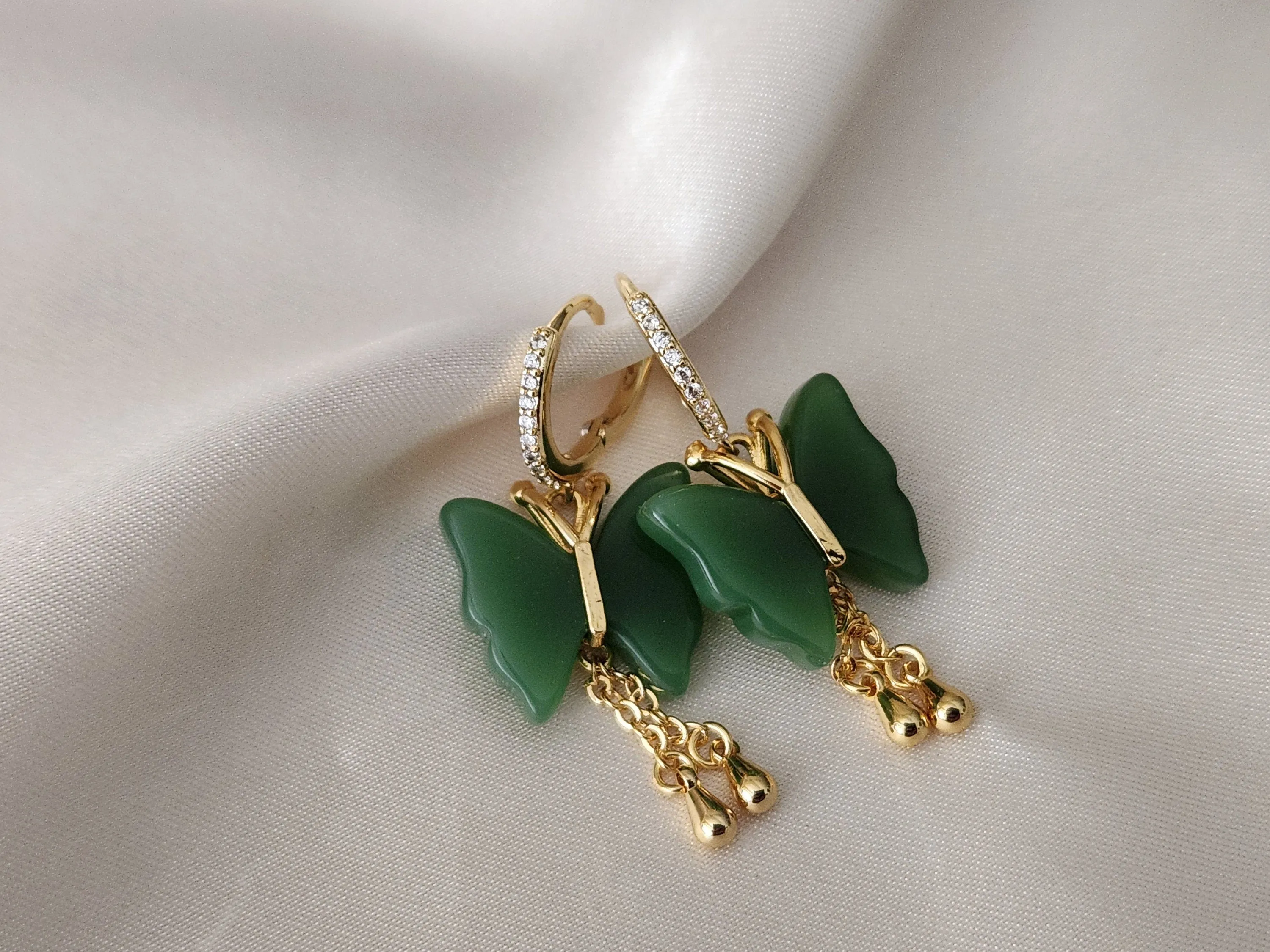 Gold  Filled Butterfly Jade Earrings, WATERPROOF Jade Necklace, Gifts for Her.