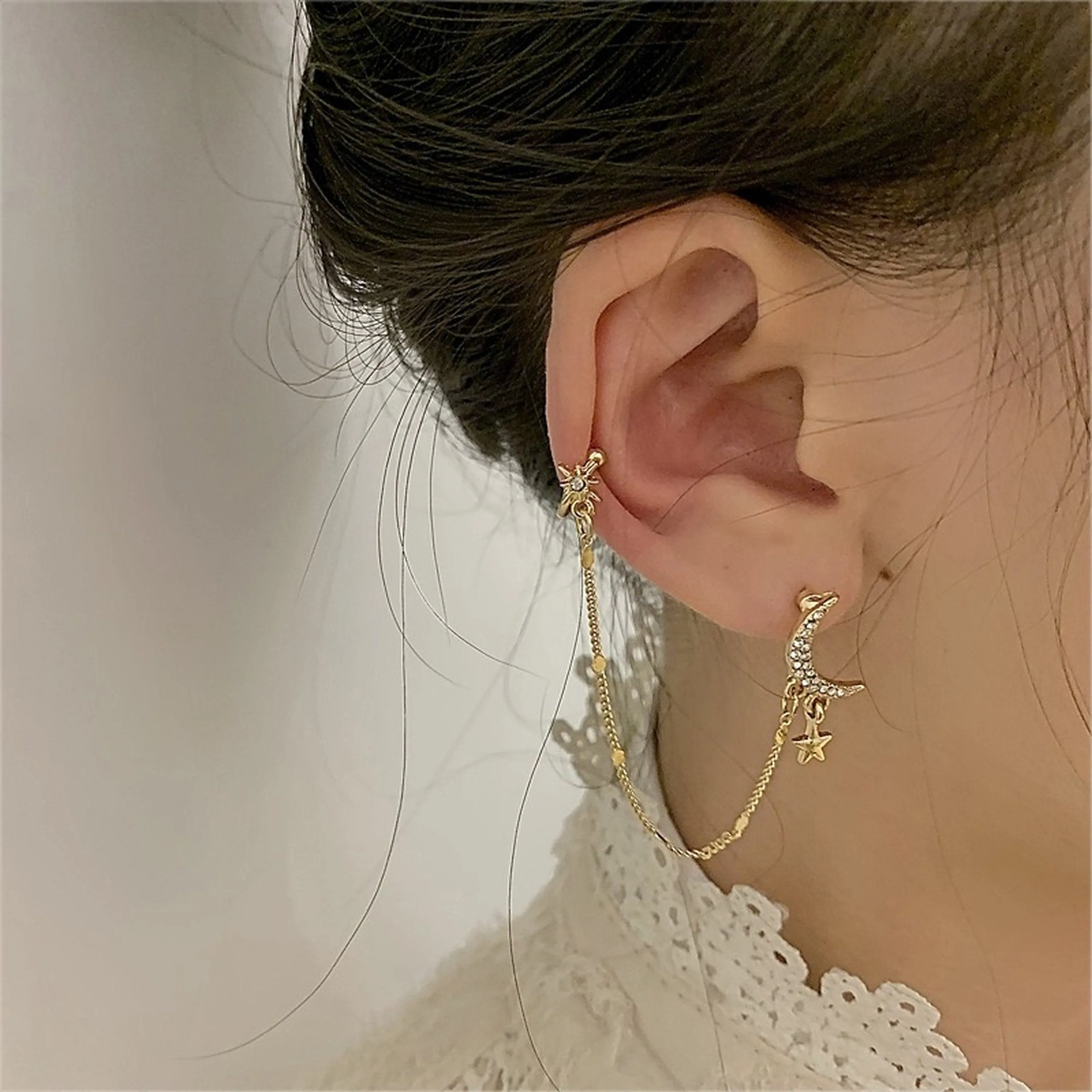 Golden Star Celestial Dangle Cuff Earrings