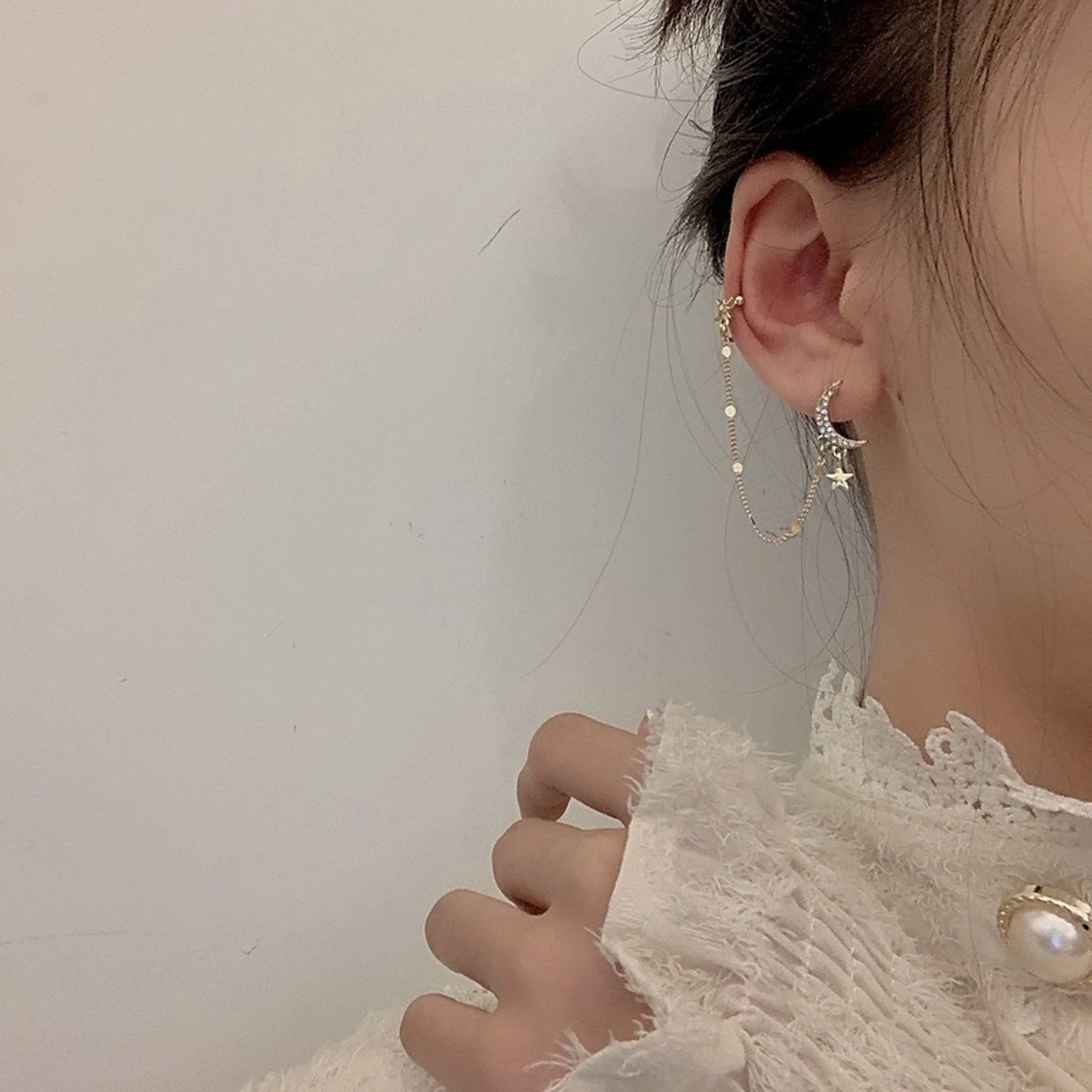 Golden Star Celestial Dangle Cuff Earrings