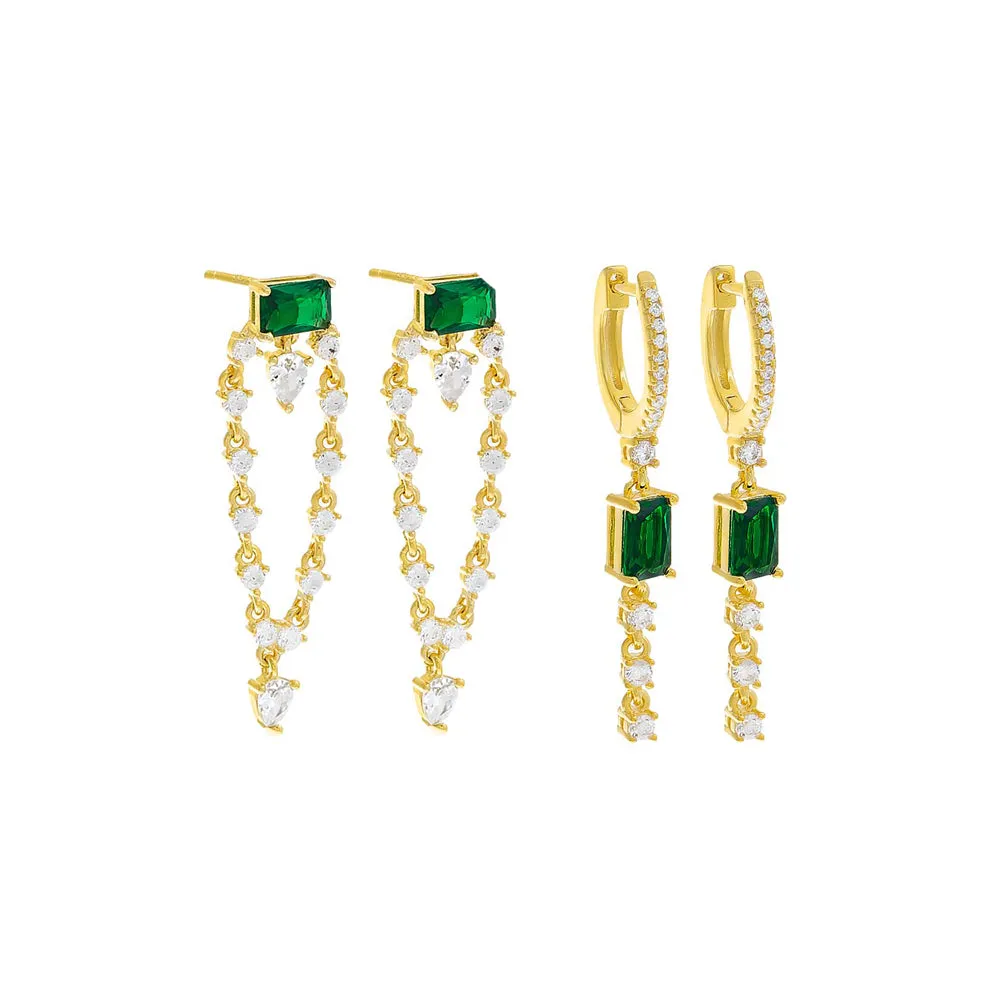 Green & Gold Drop Earring Combo Set