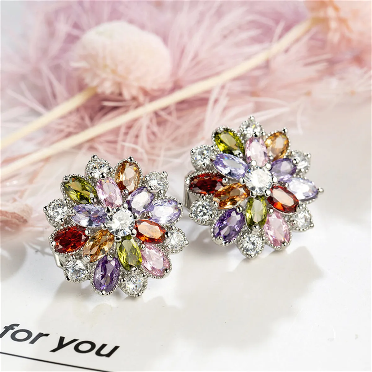 Green Crystal & Cubic Zirconia Floral Stud Earring